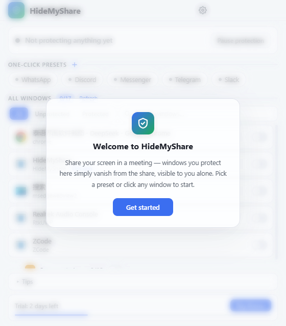 HideMyShare app — protecting windows during screen share